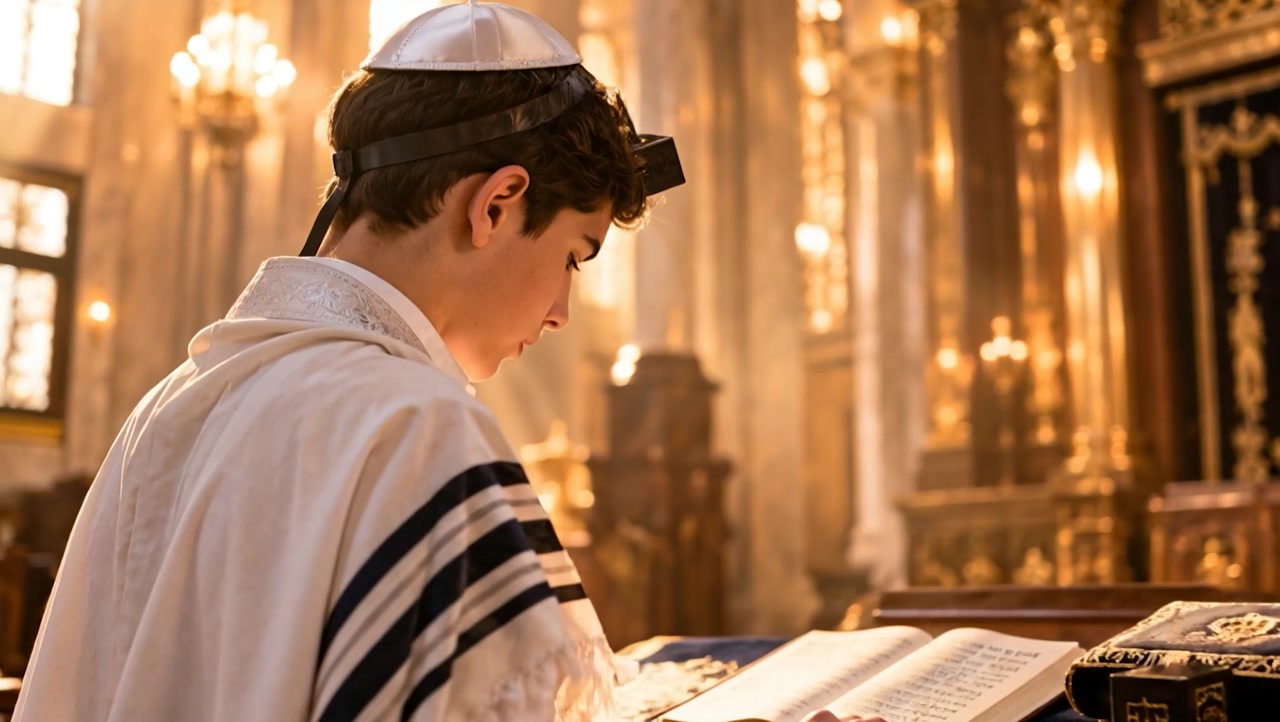 תמונה מתוך טיזר בר מצווה — נער קורא בתורה לצד אביו